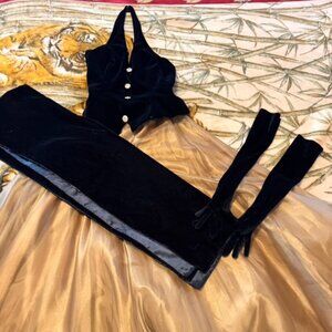 Dave&Johnny Gold and  Black Gown/Dress With Black Gloves and Black Shawl